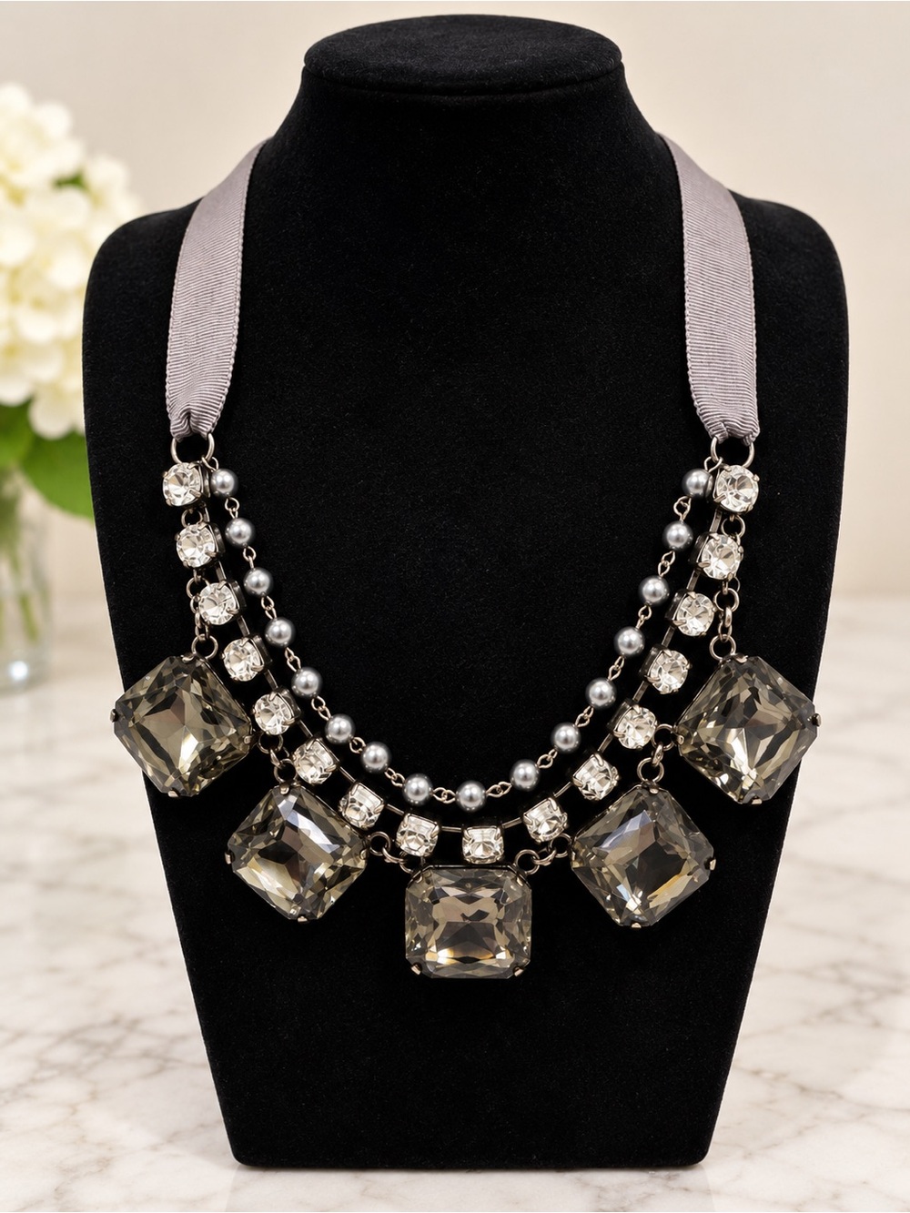 Gray Ribbon Multi Strand Statement Necklace Large Smoky Crystal Rhinestone